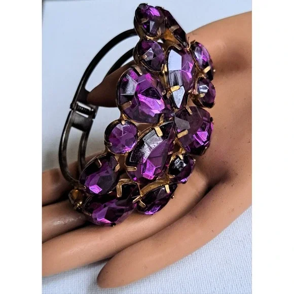 VTG Bold N Beautiful Purple Rhinestone Clamper Bracelet 1960's - Picture 5 of 16